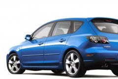 Blue Mazda 3 2003 hatchback back, side